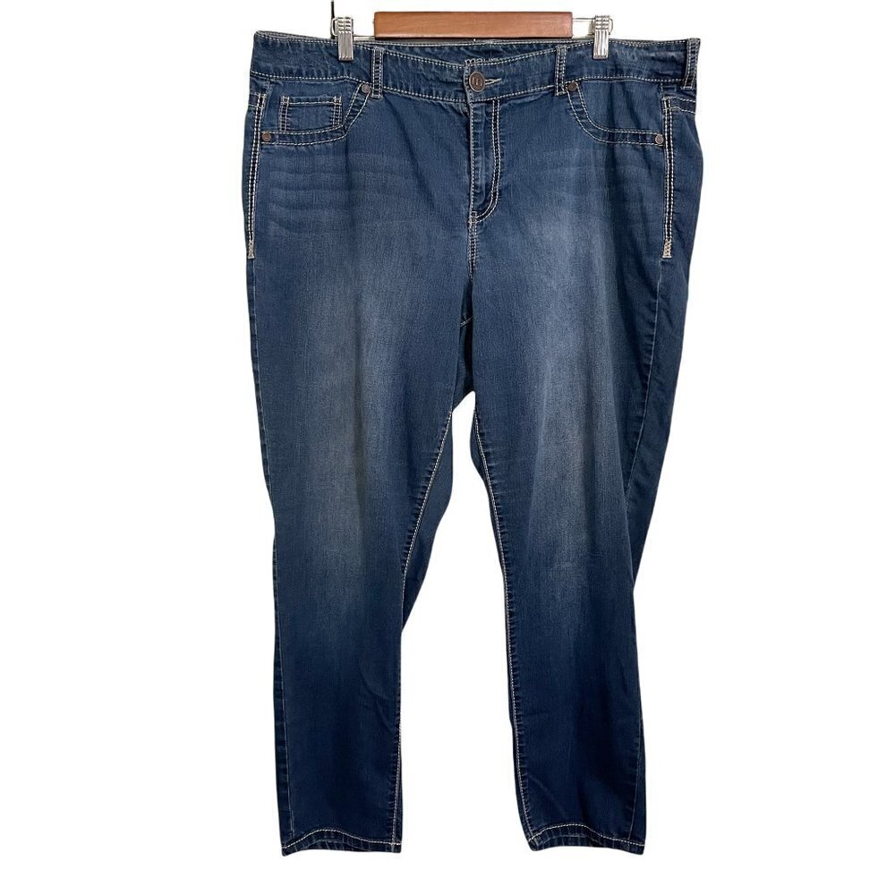 Maurices Women's Dark Faded Mid Rise Contrast Stitch Skinny Jeans Size 22 Short